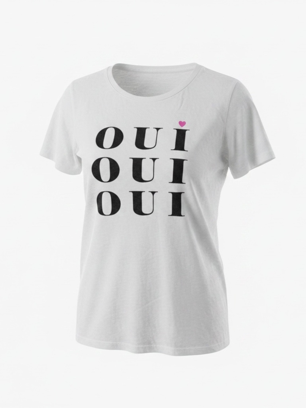Sundry White Tee with Navy 'OUI' Stack and Pink Heart